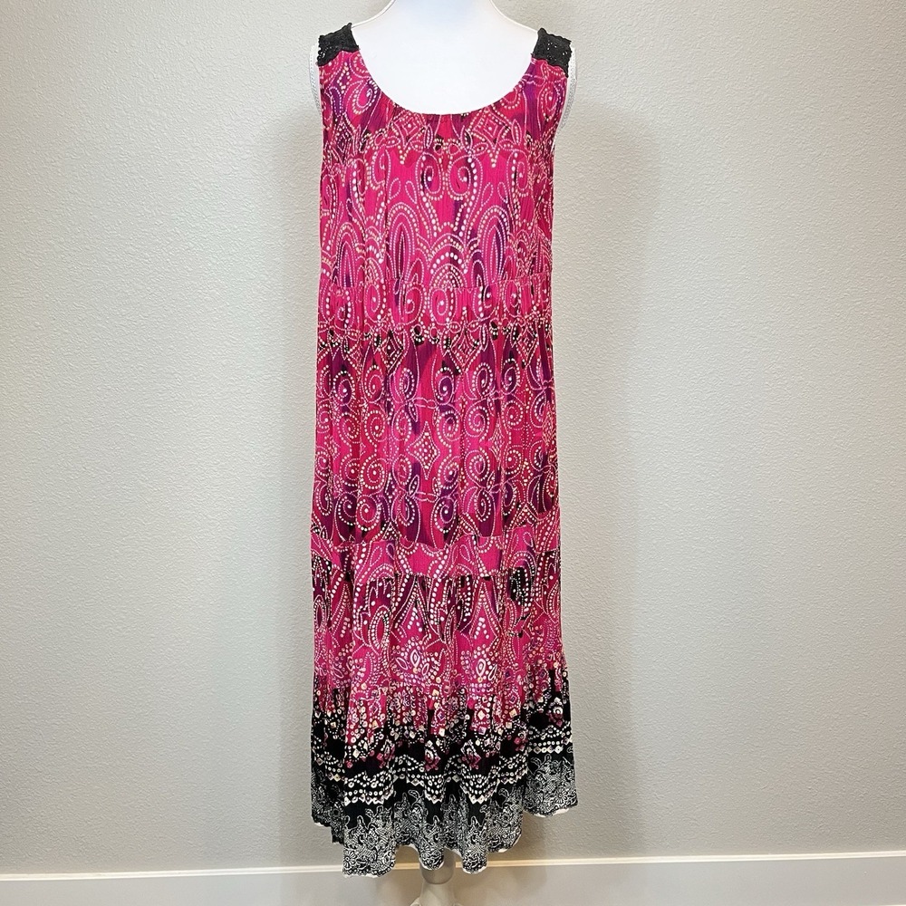 Boho Tiered Crochet Shoulder Maxi Sundress Bandhani Print Festival Whimsigoth